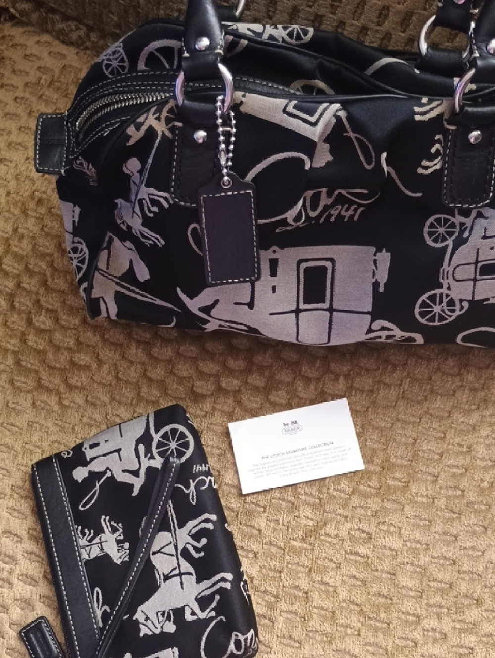 Coach Black Satchel with Cream Carriage Print and Matching Wristlet - Picture 10 of 11